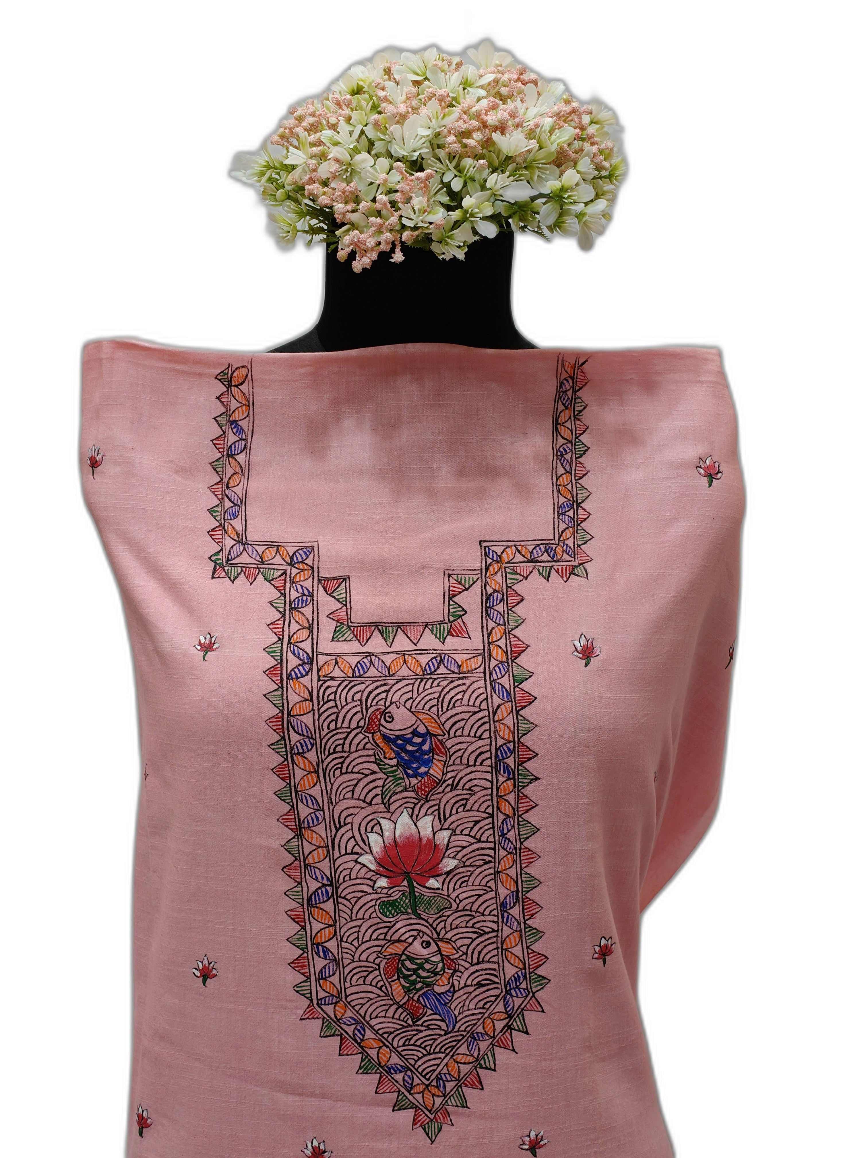 Hand-Painted Madhubani Unstitched Cotton Suit Set in Light Pink